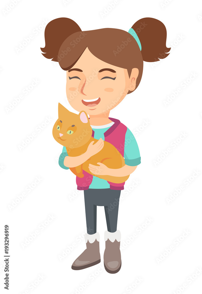 Caucasian happy girl holding a cat. Full length of cheerful little girl with a cat in her hands. Vector sketch cartoon illustration isolated on white background.