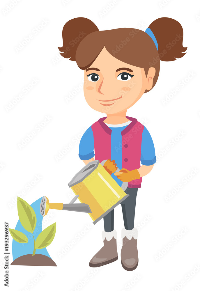 Caucasian girl wearing garden gloves and watering plant with a watering can. Little girl gardening and watering a plant. Vector sketch cartoon illustration isolated on white background. Caucasian girl wearing garden gloves and watering plant with a watering can. Little girl gardening and watering a plant. Vector sketch cartoon illustration isolated on white background.