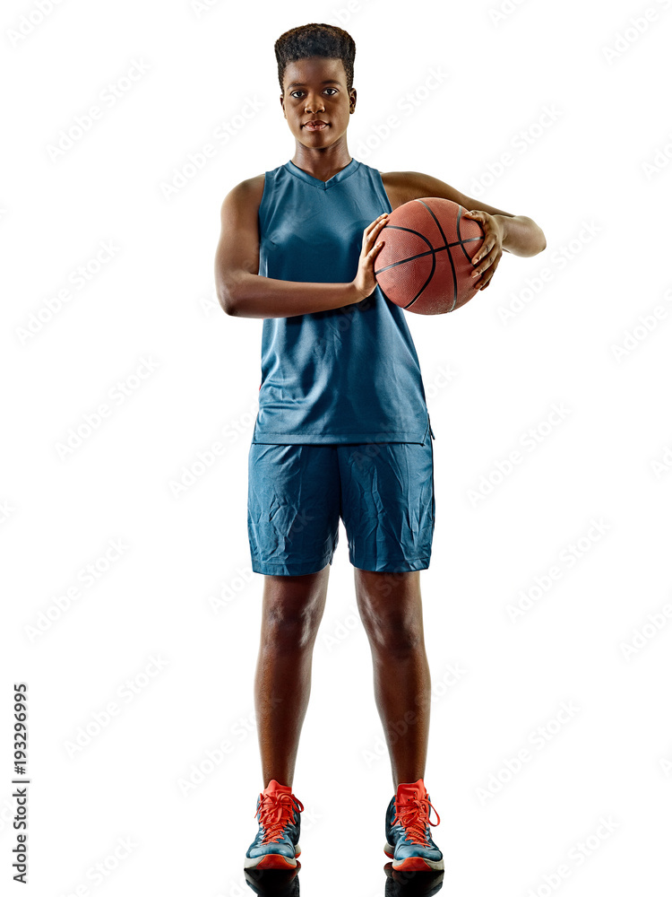 one african Basketball players woman teenager girl isolated on white background with shadows one african Basketball players woman teenager girl isolated on white background with shadows