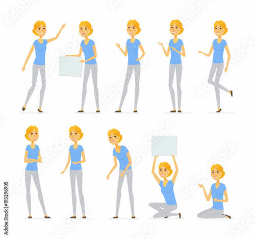 Young pretty blond woman - vector cartoon people character set
