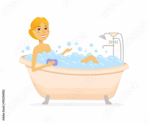 Young woman having a bath - cartoon people character isolated illustration