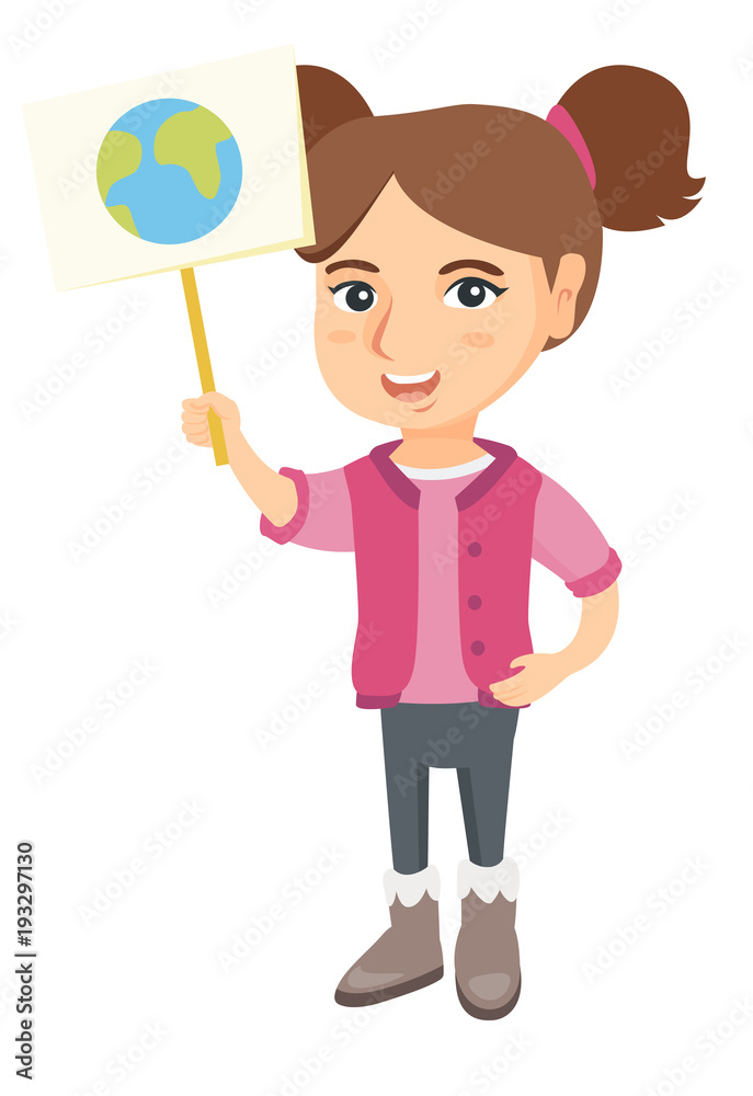 Caucasian girl holding a placard with planet. Full length of eco-friendly little girl with a placard with earth at the rally. Vector sketch cartoon illustration isolated on white background.