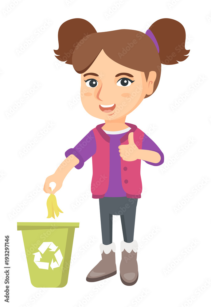 Caucasian girl throwing banana peel in recycling bin. Girl putting banana peel in trash bin with recycling sign and giving thumb up. Vector sketch cartoon illustration isolated on white background.