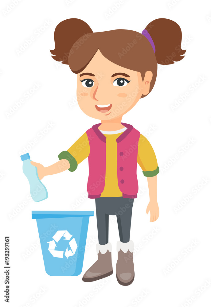Eco-friendly caucasian girl throwing plastic bottle in recycle bin. Full length of little girl throwing plastic waste in recycling bin. Vector sketch cartoon illustration isolated on white background. Eco-friendly caucasian girl throwing plastic bottle in recycle bin. Full length of little girl throwing plastic waste in recycling bin. Vector sketch cartoon illustration isolated on white background.