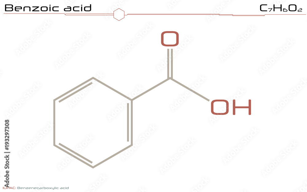 Large and detailed infographic of the molecule of Benzoic acid Large and detailed infographic of the molecule of Benzoic acid