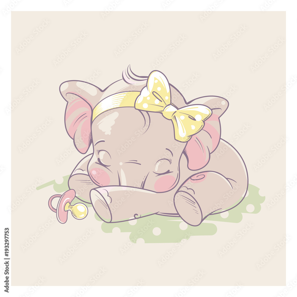 Cute little newborn baby elephant girl sleeping. Cartoon character of baby  girl of 1 - 6 months old, with pacifier. Happy healthy child. Pastels  colors vector illustration Stock Vector | Adobe Stock