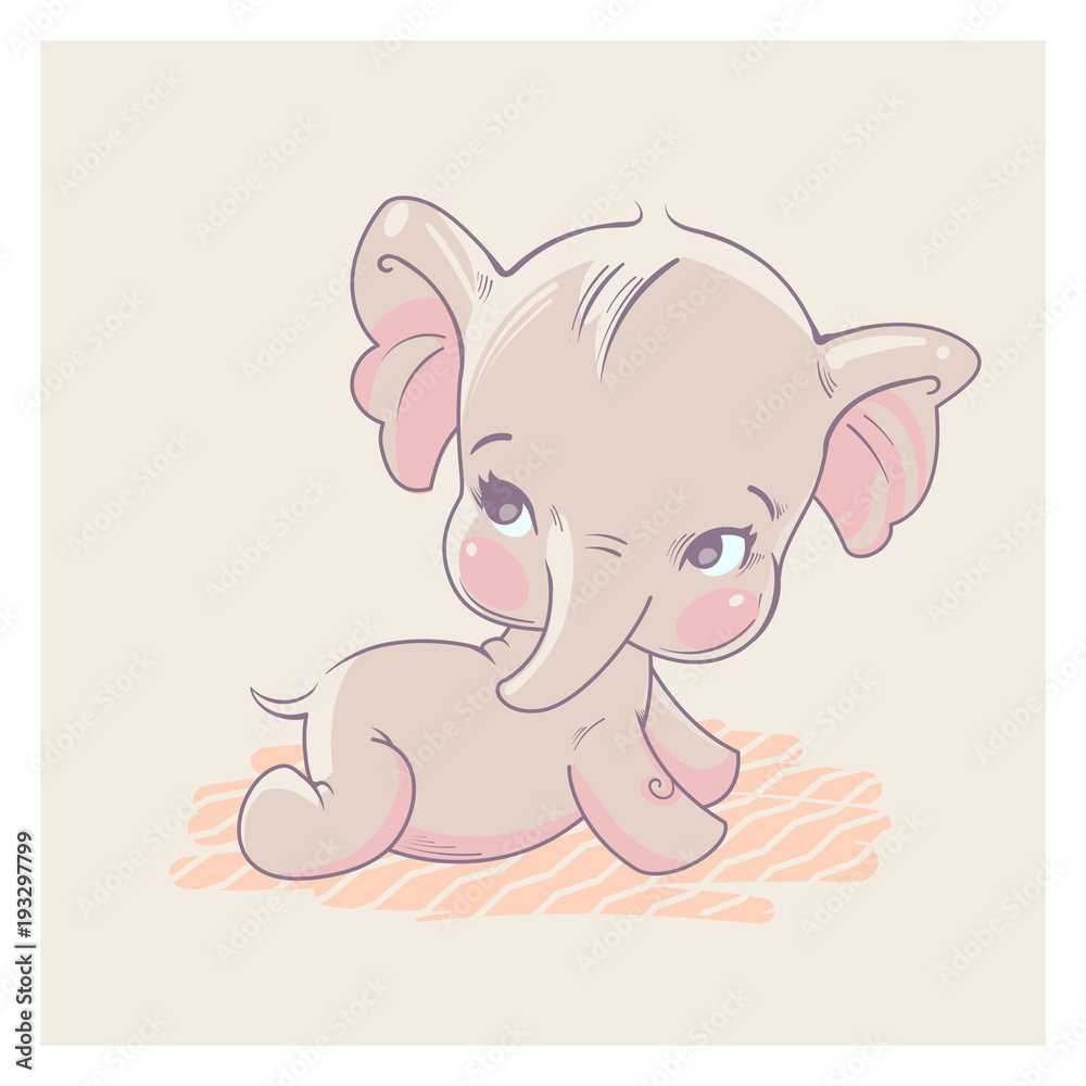 Cute little baby elephant lying on stomach, learn to crawl. Baby girl of 3-9 months. Pastels color vector illustration. Cute little baby elephant lying on stomach, learn to crawl. Baby girl of 3-9 months. Pastels color vector illustration.