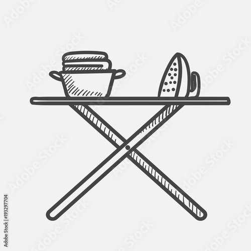 Vector hand drawn Iron and basket with clothes on ironing board outline doodle icon. Ironing sketch illustration for print, web, mobile and infographics isolated on white background.