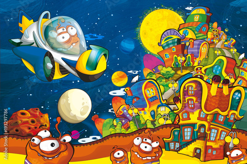 cartoon scene with some funny looking alien flying in alien machine - white background - illustration for children