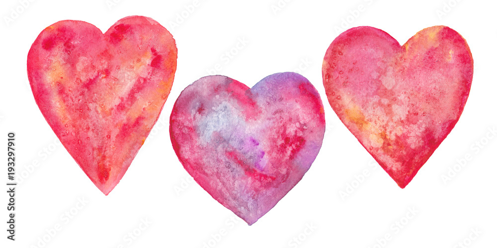 Set of watercolor hearts with splash isolated on white background.