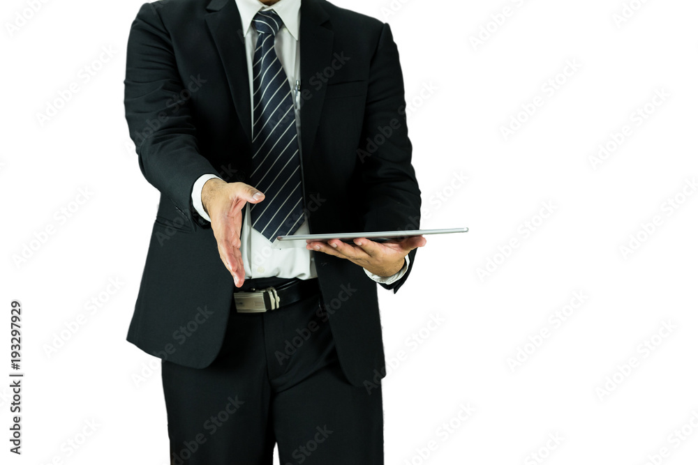 businessman wait to hand shake and hold tablet on isolate background businessman wait to hand shake and hold tablet on isolate background