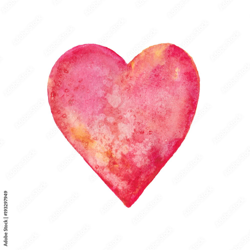 Abstract watercolor heart with splash  isolated on white background. Hand drawn illustration for fabric, textile, wrapping paper, card, invitation, wallpaper, web design, background. 