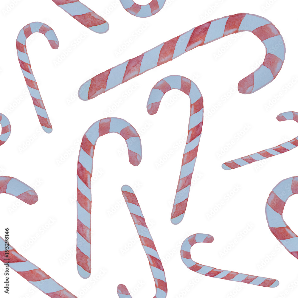 Obraz premium Seamless pattern of caramel canes with red stripes painted in watercolor on a white background