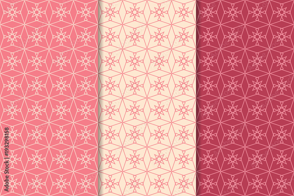 Cherry red geometric ornaments. Set of seamless patterns