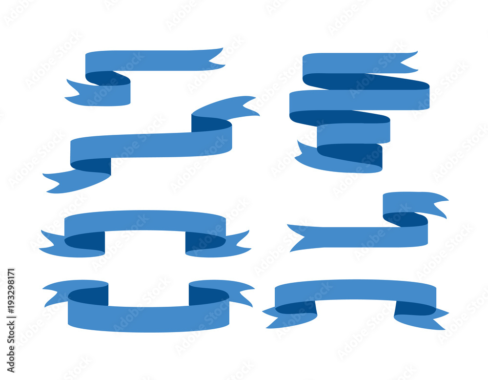 Blue glossy ribbon banners set. Ribbons collection isolated on white background Blue glossy ribbon banners set. Ribbons collection isolated on white background