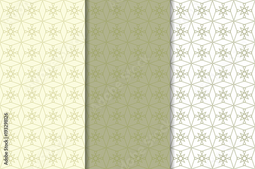 Olive green and white geometric ornaments. Set of seamless patterns
