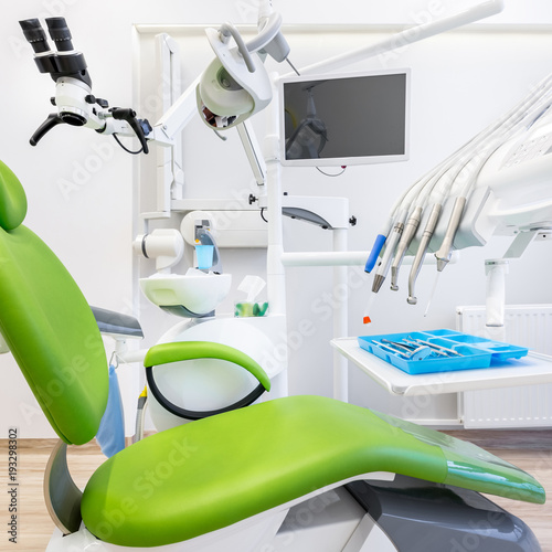 Dental office with green chair
