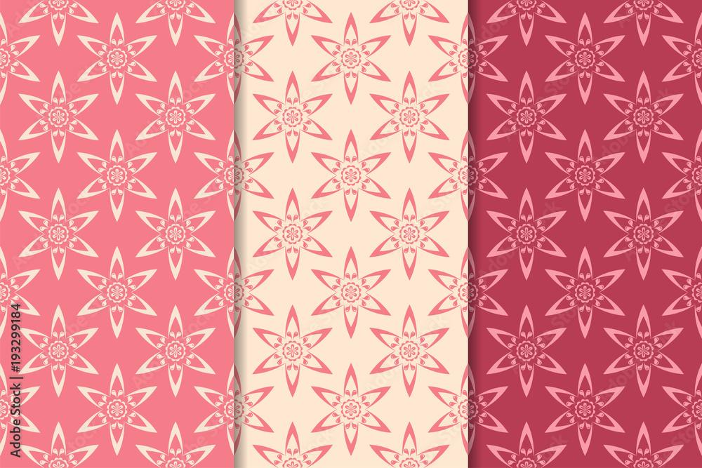 Set of red floral ornaments. Cherry pink vertical seamless patterns