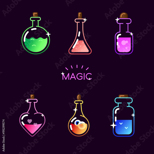Magic bottle icon set. Vector magic colorful elixir potion bottles for web, mobile app, logo, infographics, game interface, GUI asset
