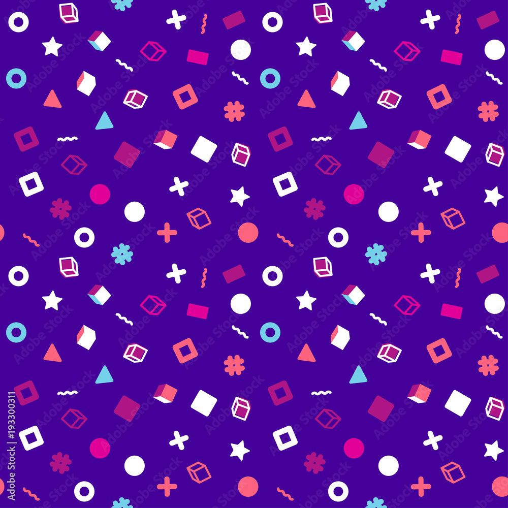 Abstract seamless vector memphis pattern for girls, boys, clothes. Creative background with dots, geometric figures Funny wallpaper for textile and fabric. Fashion style. Colorful bright Abstract seamless vector memphis pattern for girls, boys, clothes. Creative background with dots, geometric figures Funny wallpaper for textile and fabric. Fashion style. Colorful bright