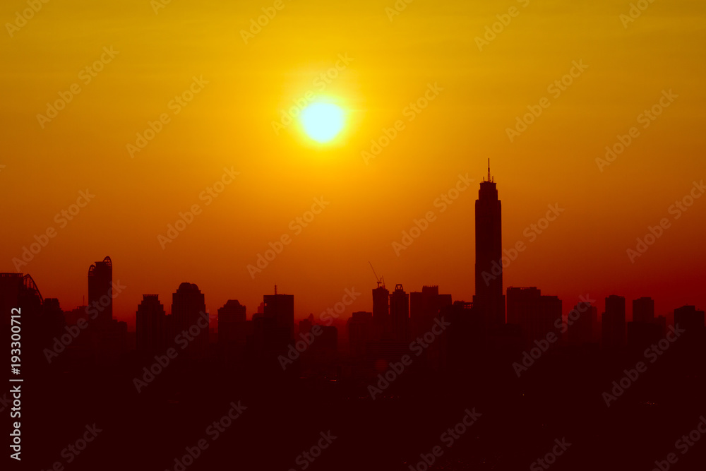 Silhouette of downtown Bangkok at sunset