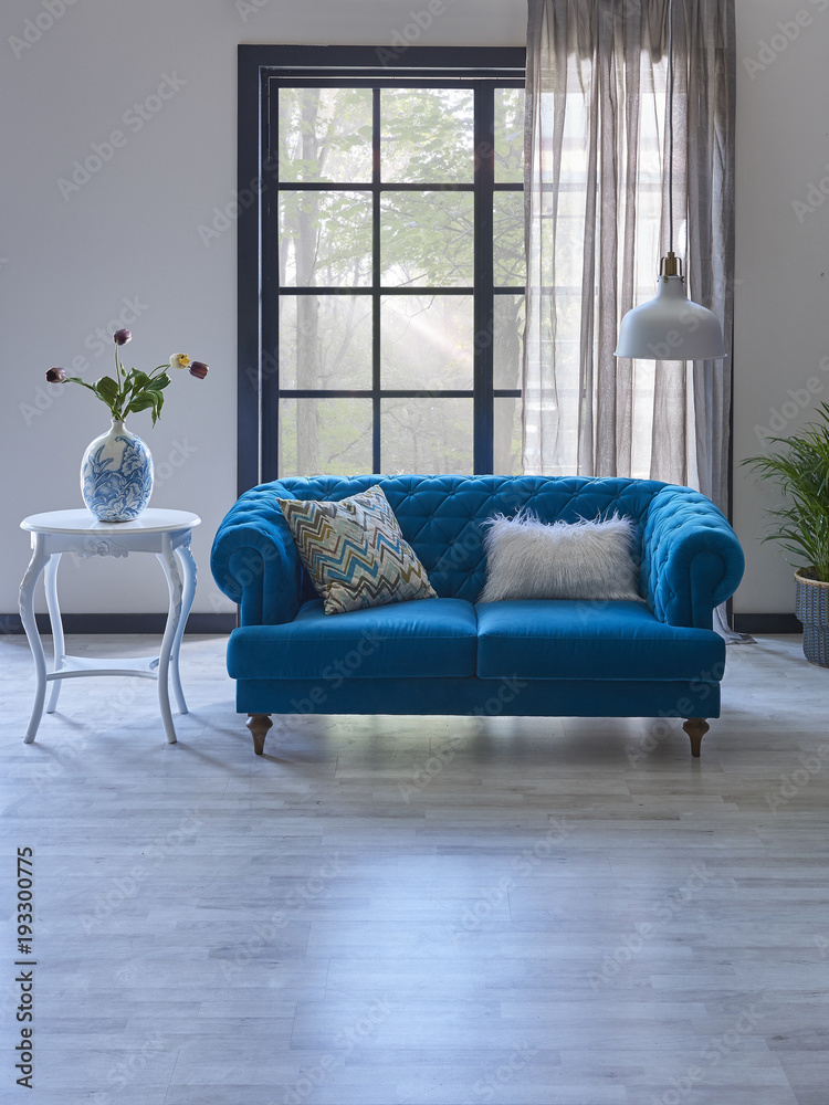 modern living room and blue sofa forest view and home modern living room and blue sofa forest view and home