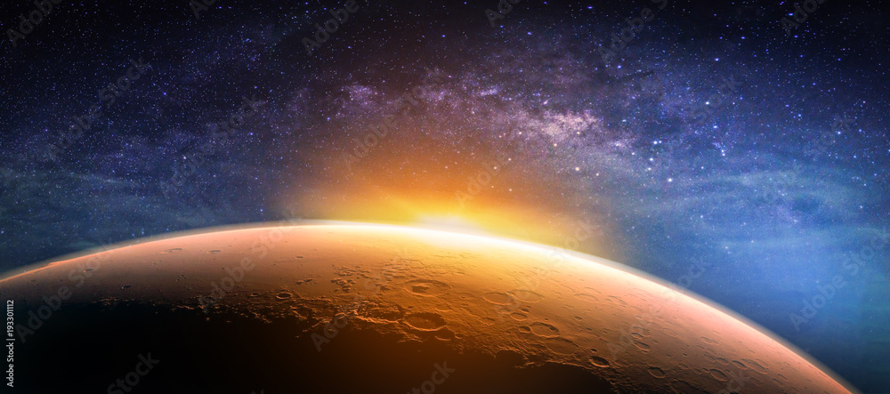 Obraz premium Krajobraz z galaktyką Drogi Mlecznej. Wschód i widok planety z kosmosu z galaktyki Drogi Mlecznej. (Elementy tego zdjęcia dostarczone przez NASA)