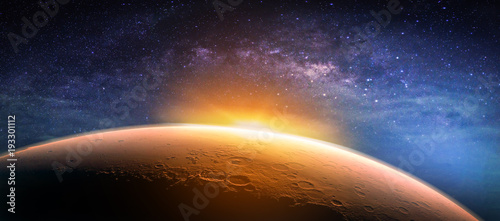 Landscape with Milky way galaxy. Sunrise and planet view from space with Milky way galaxy. (Elements of this image furnished by NASA)