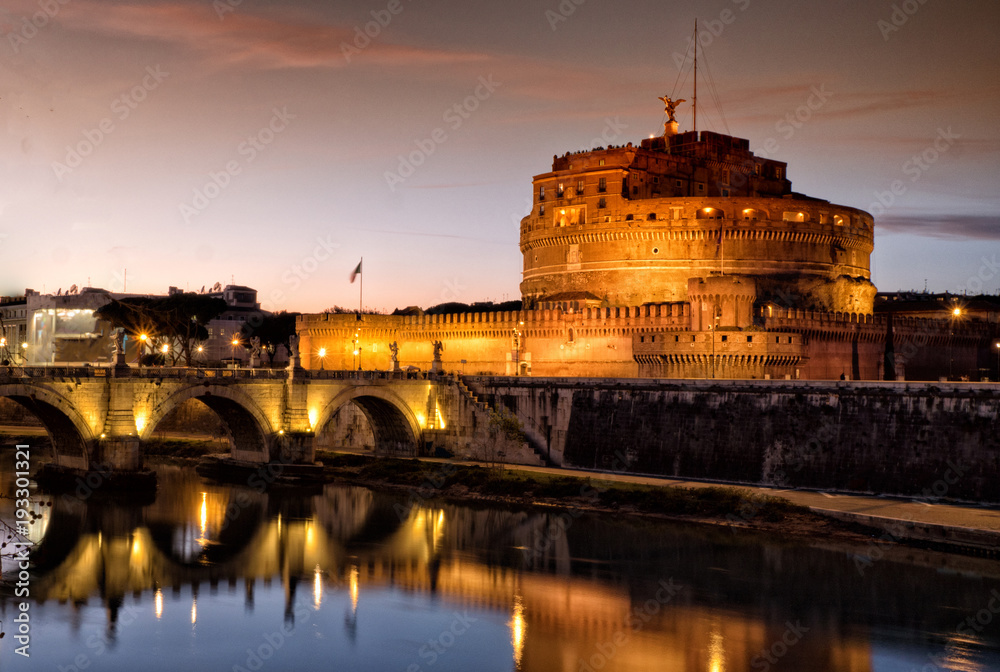 Sant' Angelo Castle and Tiber River in Rome, Italy by night