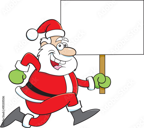 Cartoon illustration of a Santa Claus running while holding a sign.