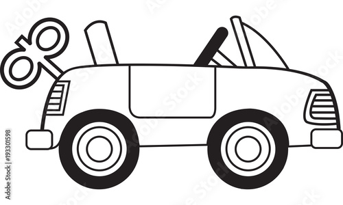 Black and white illustration of a toy wind up car.