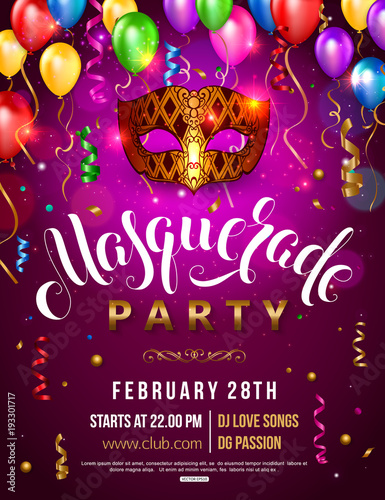 Carnival party invitation poster with masquerade gold mask colorful balloons and confetti vector illustration