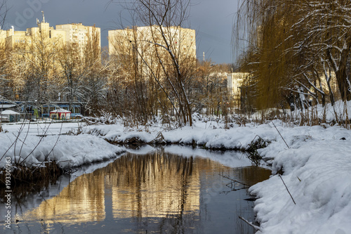 In the winter forest, the winter river runs.