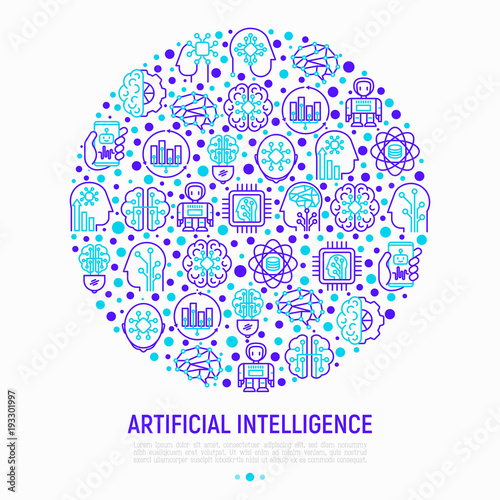 Artificial intelligence concept in circle with thin line icons: robot, brain, machine learning, marketing analytics, cpu, chip, voice assistant. Modern vector illustration for web page, print media.