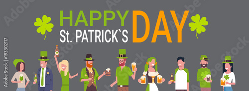 Happy St. Patricks Day Poster With People Wearing Traditional Green Irish Clothes And Drinking Beer Flat Vector Illustration