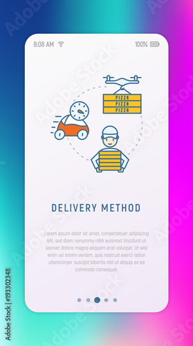 Delivery methods of pizza: electrocar, quadcopter with boxes, courier thin line icons. Modern vector illustration for user interface.