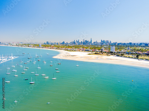 St Kilda beach aerial with Melbourne City Skyline in the background