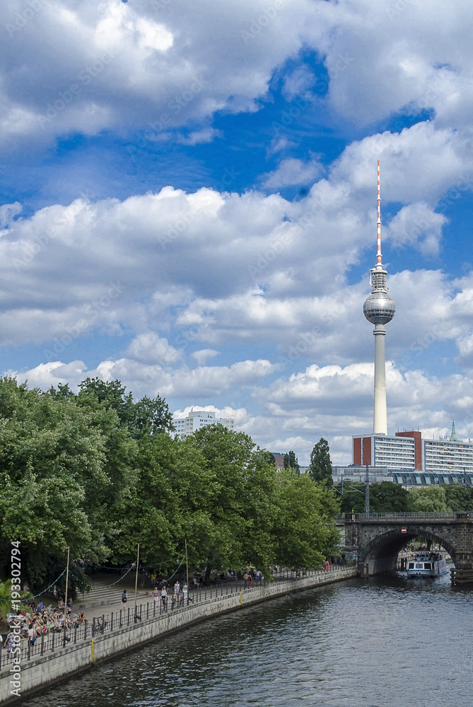 Berlin historic East TV Tower near Spree River