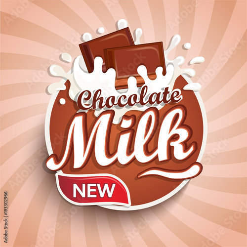 Logo, label of fresh chocolate milk on sunburst background. Milky splashing with drops from falling pieces of delicious chocolate. Vector illustration for your design, packaging and advertising.