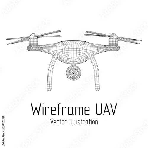 Remote control air drone. Dron flying with action video camera. Wireframe low poly mesh vector illustration
