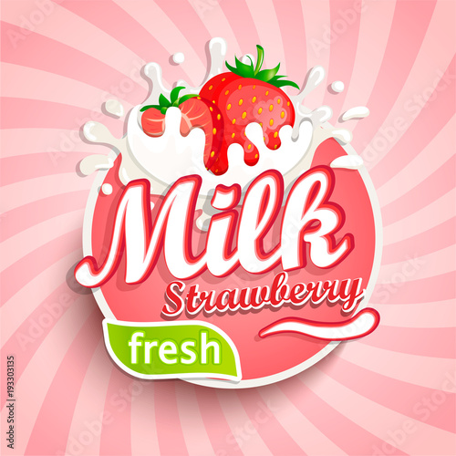 Logo, label of fresh strawberry milk on sunburst background. Milky splashing with drops from falling delicious strawberries. Vector illustration for your design, packaging and advertising.