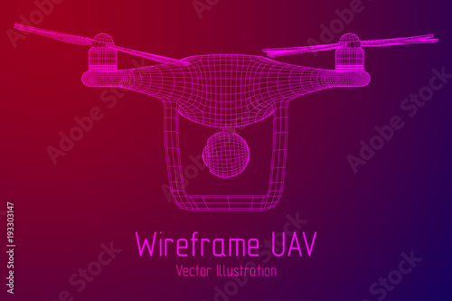 Remote control air drone. Dron flying with action video camera. Wireframe low poly mesh vector illustration
