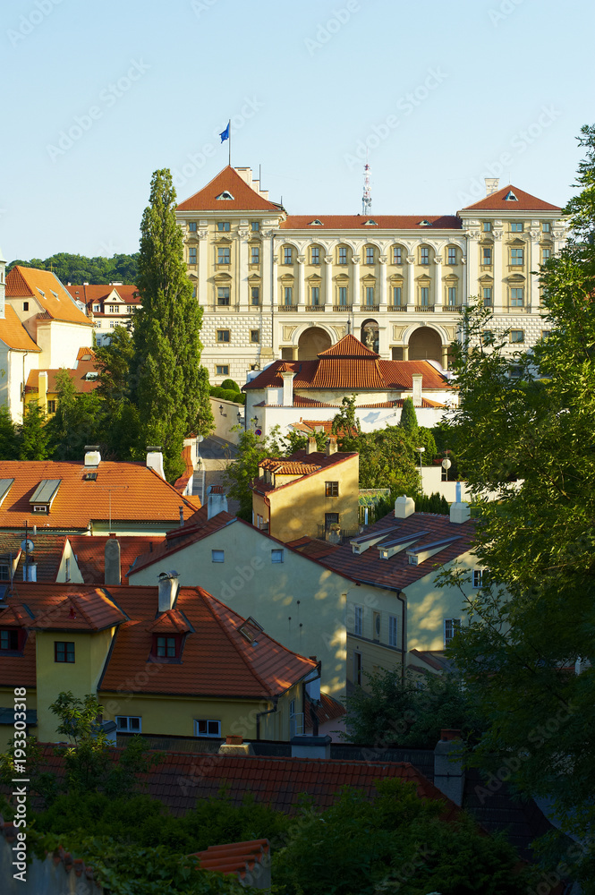 Prague old town in summer time. Landscape picture of picturesque small quarter called Novy svet and palace of Ministry of Foreign Affairs by the prague castle in capitol of Czech republic Prague.
