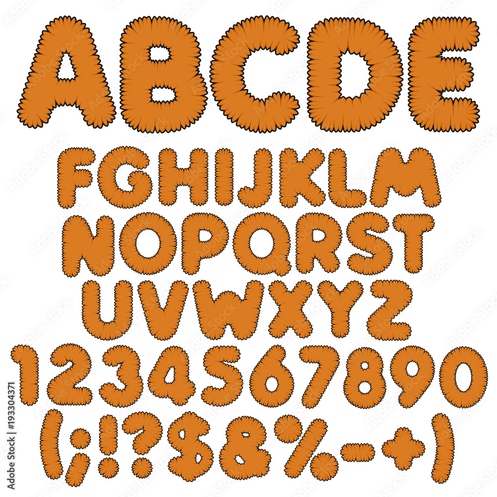 Shaggy color alphabet, letters, numbers and signs. Isolated vector objects on white background. Shaggy color alphabet, letters, numbers and signs. Isolated vector objects on white background.