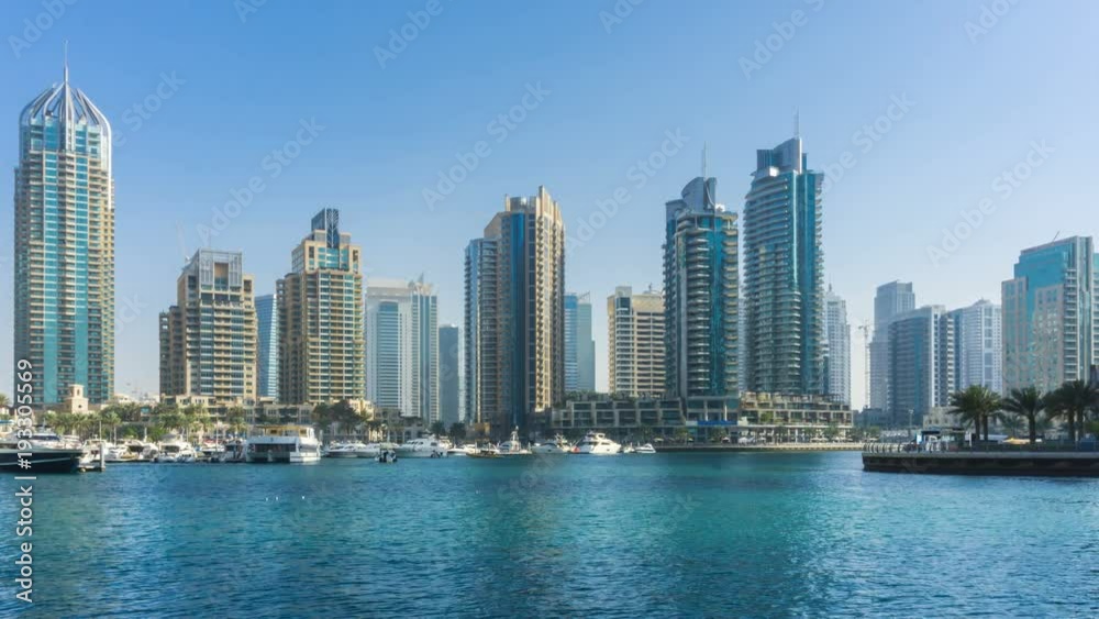 Panoramic view of Dubai Marina Towers and canal in Dubai time lapse Panoramic view of Dubai Marina Towers and canal in Dubai time lapse