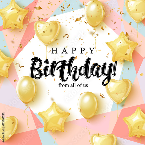 Happy Birthday celebration typography design for greeting card, poster or banner with realistic golden balloons and falling confetti. Vector illustration