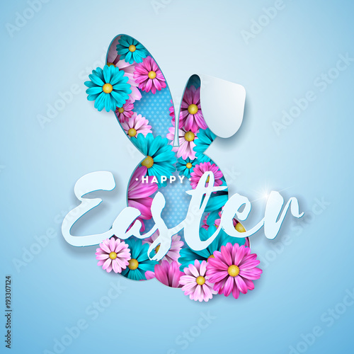 Vector Illustration of Happy Easter Holiday with Spring Flower in Nice Rabbit Face Silhouette on Light Blue Background. International Celebration Design with Typography Letter for Greeting Card, Party