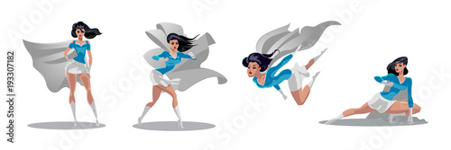 Comic superwoman actions in different poses. Female superhero vector cartoon characters. Illustration of superhero woman cartoon