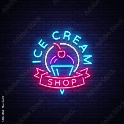 Ice cream shop neon sign. Ice cream shop logo in neon style, symbol, light banner, bright night advertising ice cream, billboard. Design template. Vector illustration