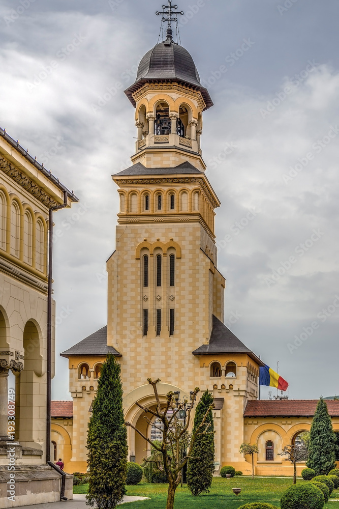 Bell tower from Coronation Cathedral in Alba Iulia city, Transylvania, Romania